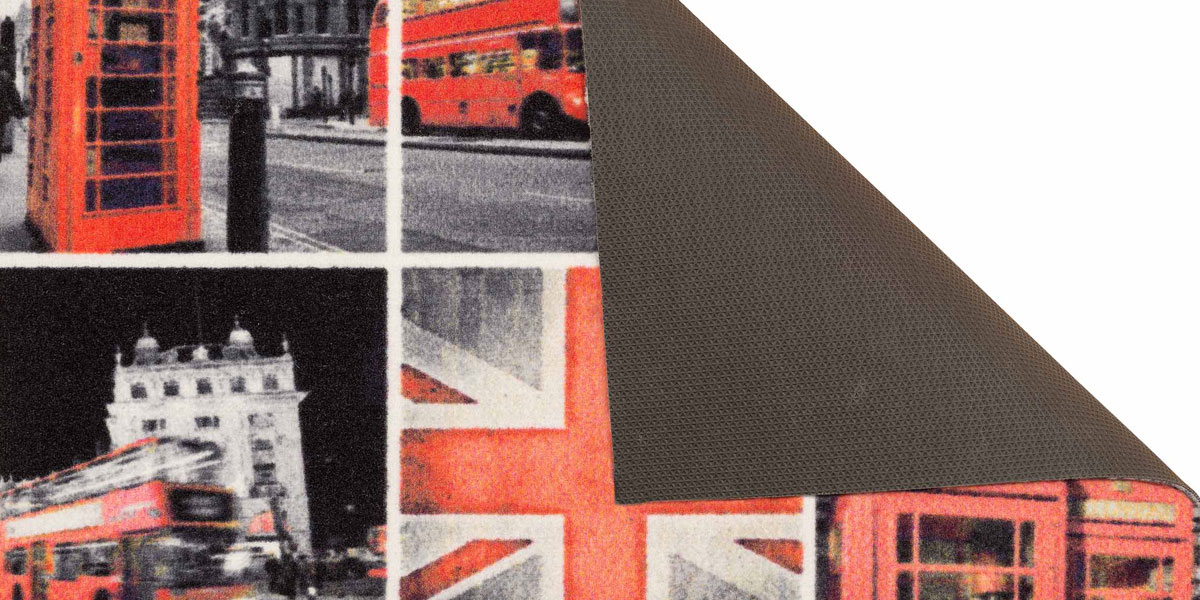 Event-Mat presenting city tableau of London (B&W collage). Folded corner.